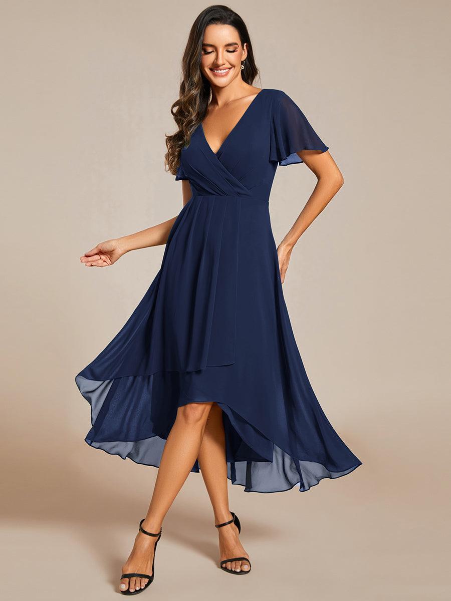 Robe D'invité De Mariage En Mousseline De Soie Mi-Longue Plissée à Manches à Volants Et Col En V #Couleur_Bleu Marine