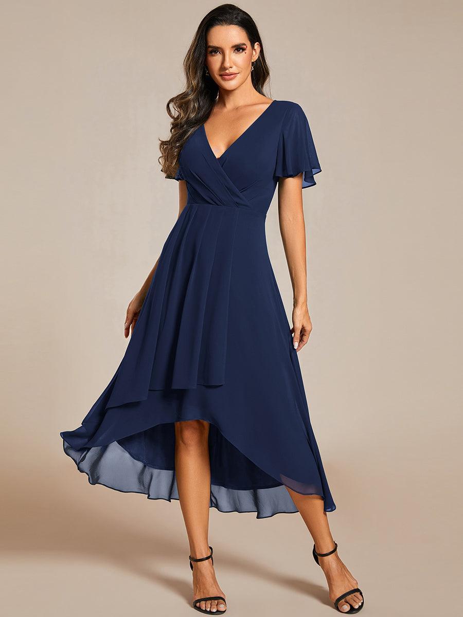Robe D'invité De Mariage En Mousseline De Soie Mi-Longue Plissée à Manches à Volants Et Col En V #Couleur_Bleu Marine