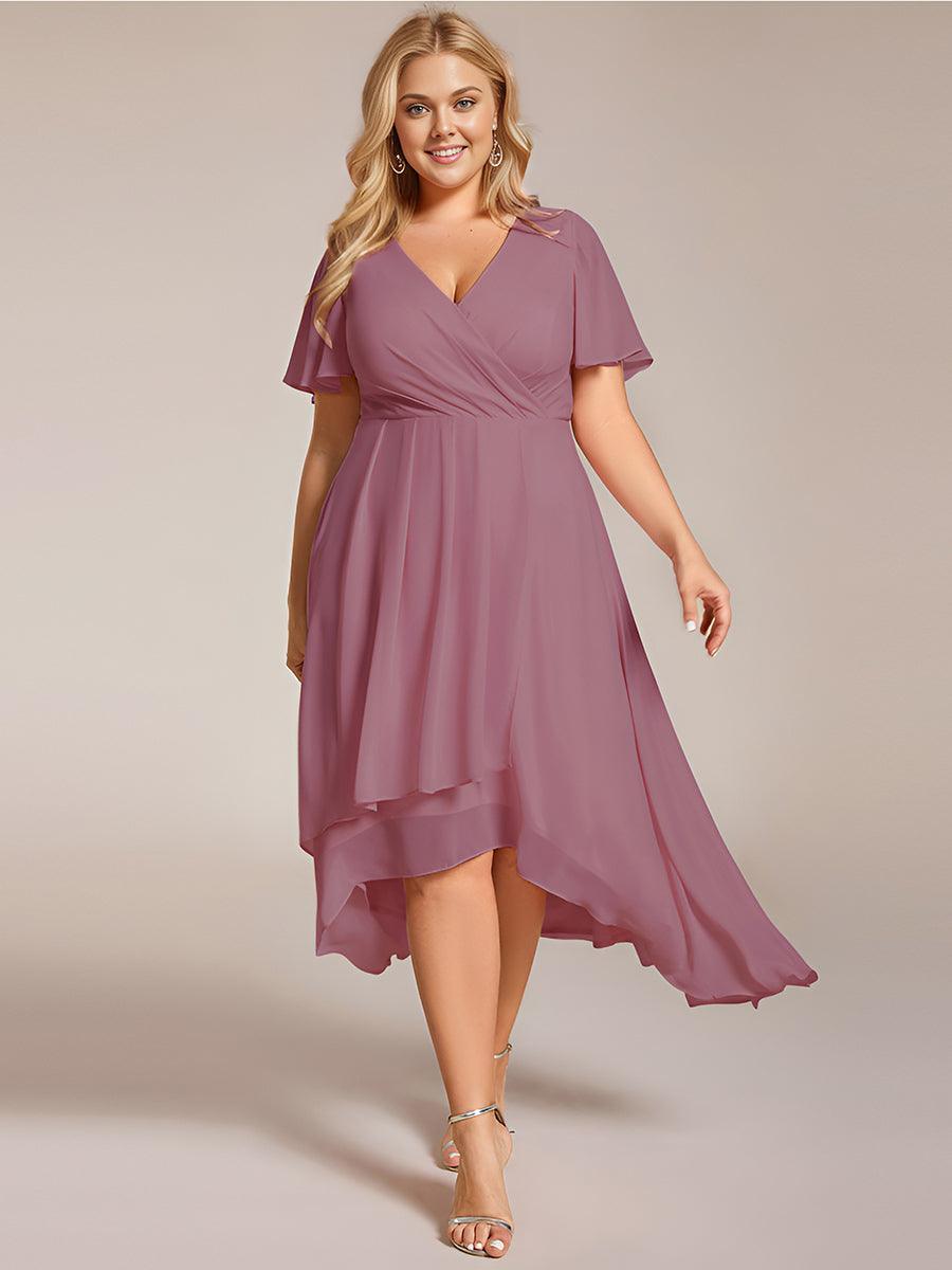 Robe D'invité De Mariage En Mousseline De Soie Mi-Longue Plissée à Manches à Volants Et Col En V #Couleur_Orchidee