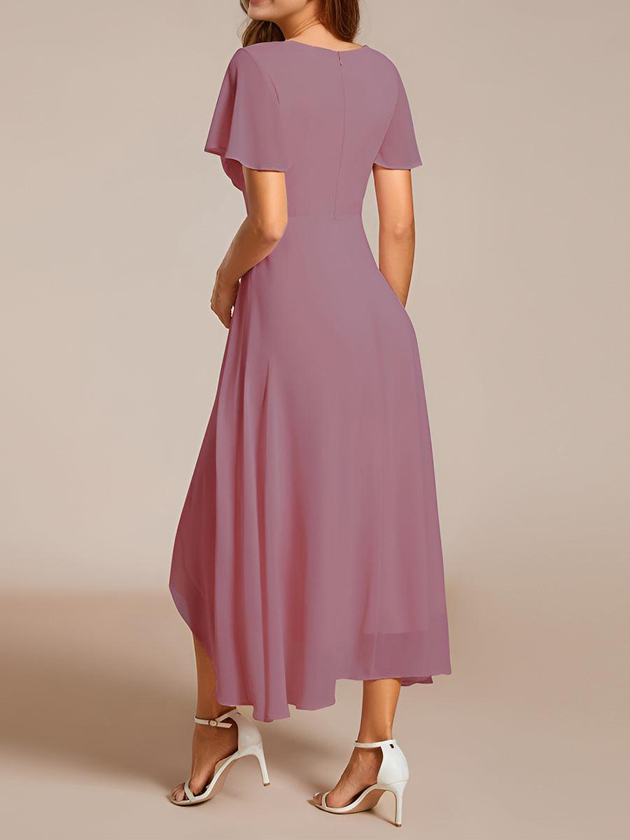 Robe D'invité De Mariage En Mousseline De Soie Mi-Longue Plissée à Manches à Volants Et Col En V #Couleur_Orchidee