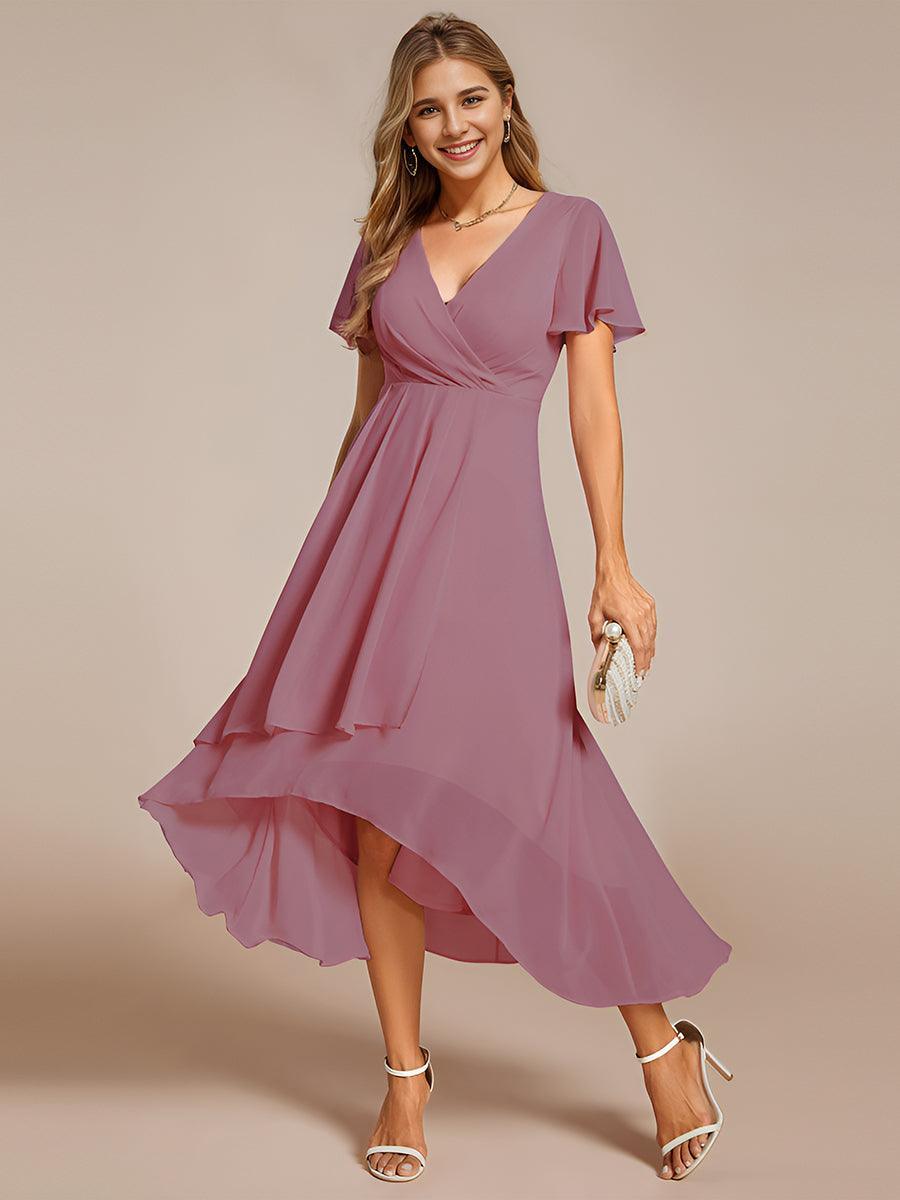 Robe D'invité De Mariage En Mousseline De Soie Mi-Longue Plissée à Manches à Volants Et Col En V #Couleur_Orchidee