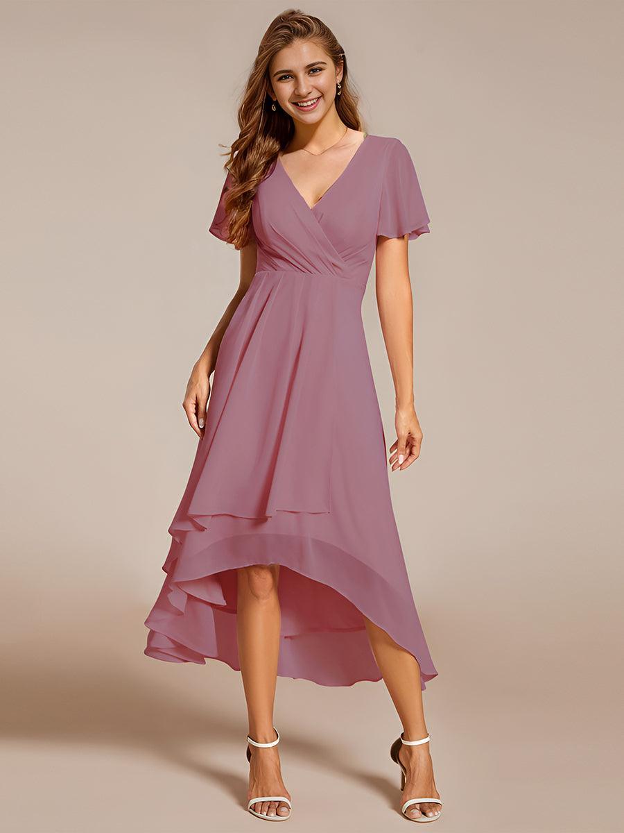 Robe D'invité De Mariage En Mousseline De Soie Mi-Longue Plissée à Manches à Volants Et Col En V #Couleur_Orchidee