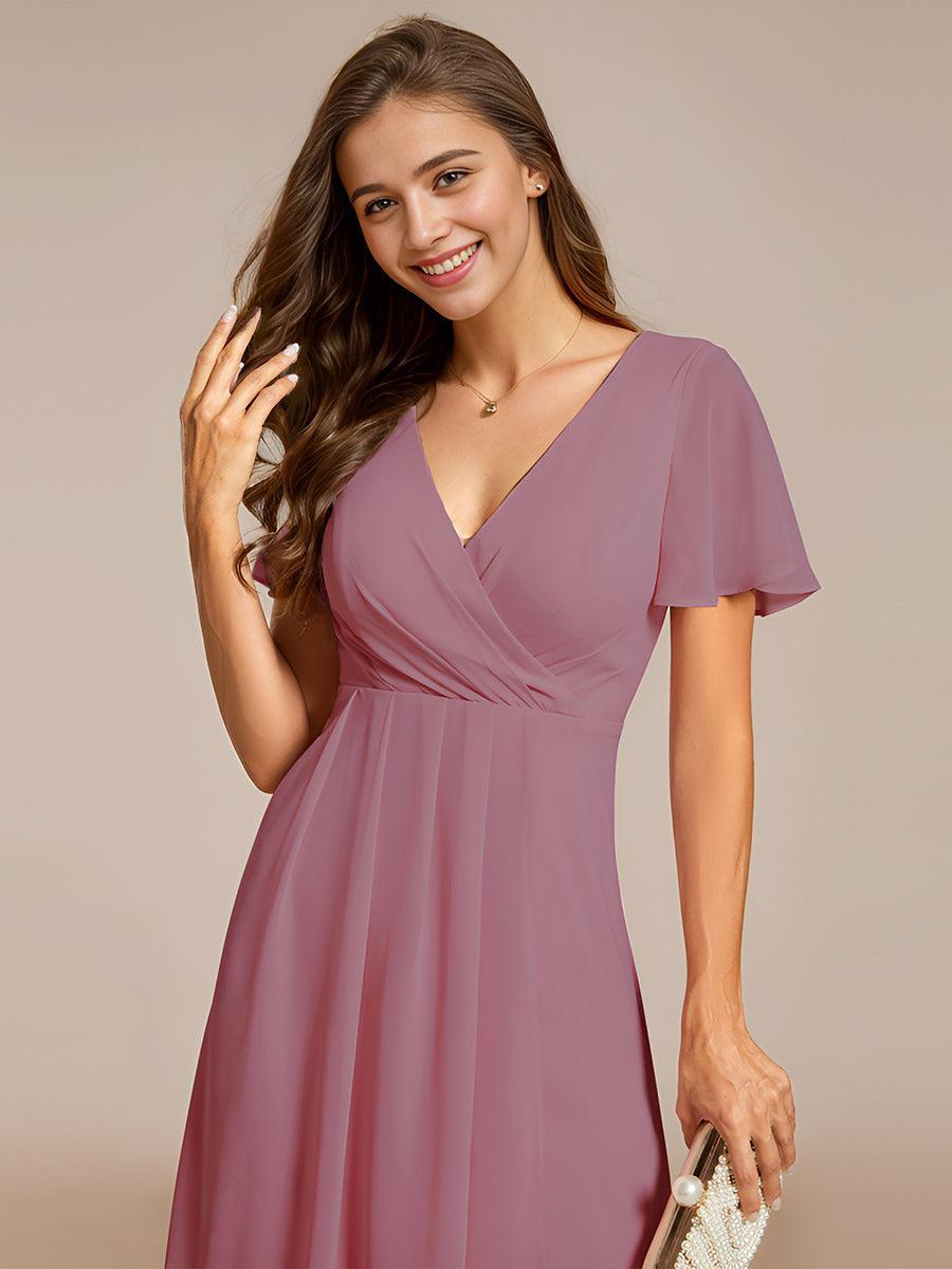 Robe D'invité De Mariage En Mousseline De Soie Mi-Longue Plissée à Manches à Volants Et Col En V #Couleur_Orchidee