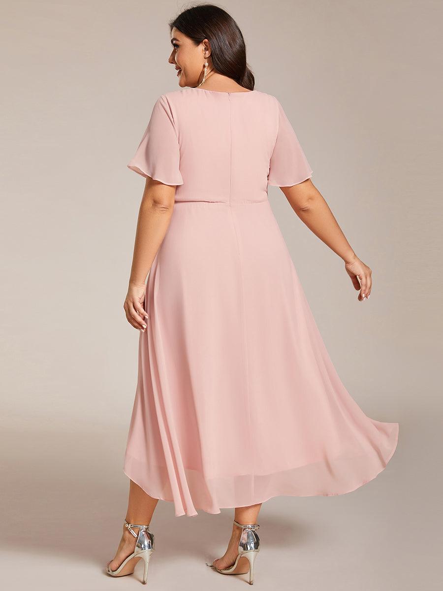 Grande Taille Robe D'invit???| De Mariage Mi-Longue Pliss???|e En Mousseline De Soie ???N Manches Courtes Et Col En V De #Couleur_Rose