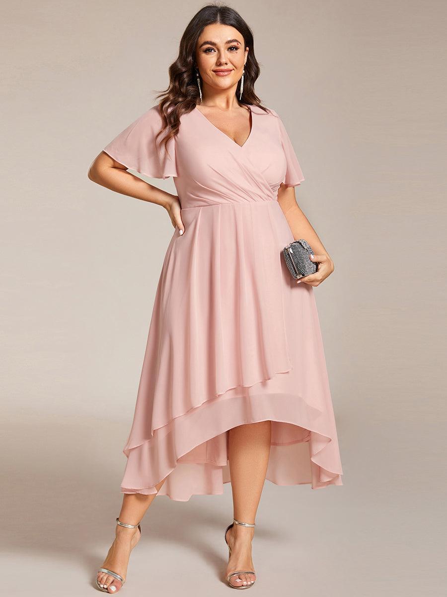 Robe D'invité De Mariage En Mousseline De Soie Mi-Longue Plissée à Manches à Volants Et Col En V #Couleur_Rose