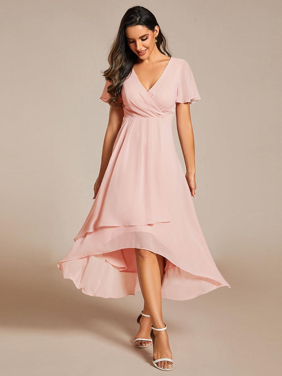 Robe D'invité De Mariage En Mousseline De Soie Mi-Longue Plissée à Manches à Volants Et Col En V #Couleur_Rose