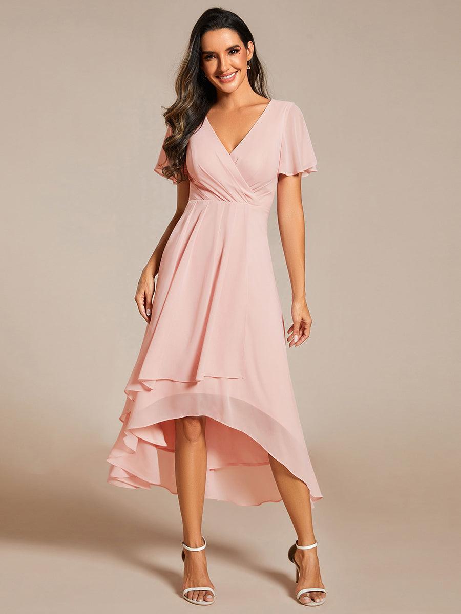 Robe D'invité De Mariage En Mousseline De Soie Mi-Longue Plissée à Manches à Volants Et Col En V #Couleur_Rose