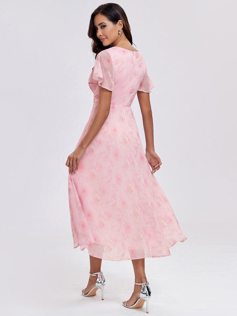 Robe D'invité De Mariage En Mousseline De Soie Mi-Longue Plissée à Manches à Volants Et Col En V #Couleur_Roses Violet Clair