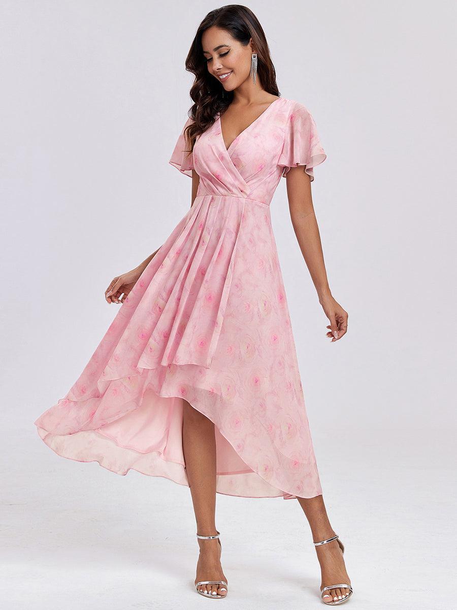 Robe D'invité De Mariage En Mousseline De Soie Mi-Longue Plissée à Manches à Volants Et Col En V #Couleur_Roses Violet Clair
