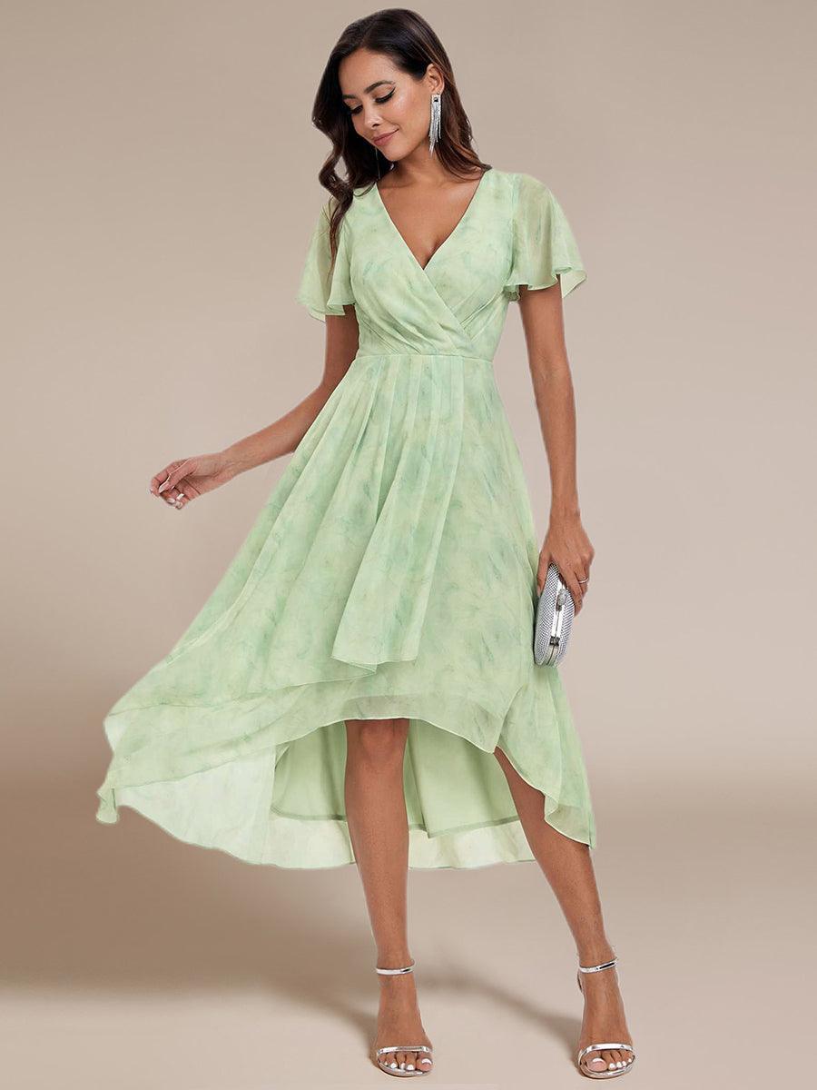 Robe D'invité De Mariage En Mousseline De Soie Mi-Longue Plissée à Manches à Volants Et Col En V #Couleur_Roses Vert Clair