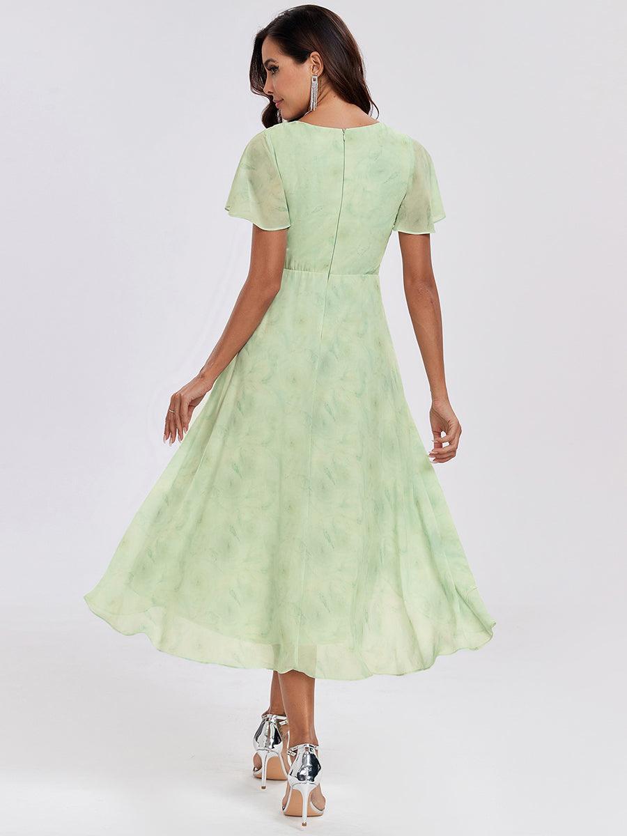 Robe D'invité De Mariage En Mousseline De Soie Mi-Longue Plissée à Manches à Volants Et Col En V #Couleur_Roses Vert Clair