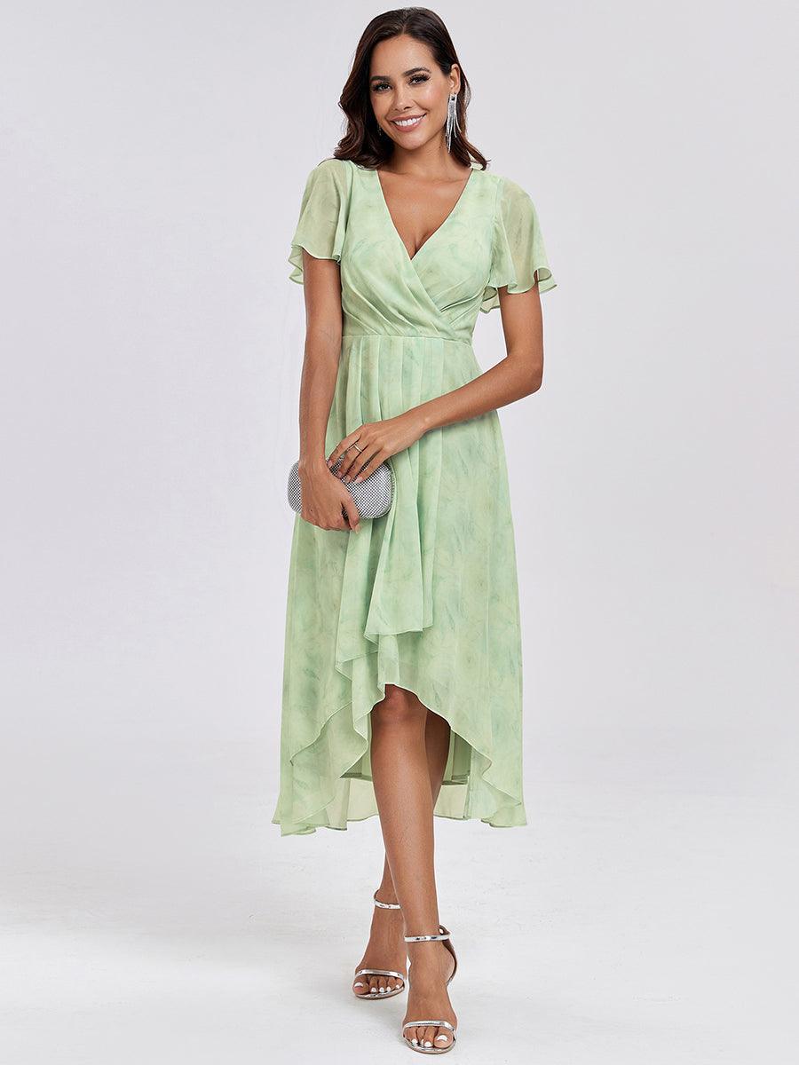 Robe D'invité De Mariage En Mousseline De Soie Mi-Longue Plissée à Manches à Volants Et Col En V #Couleur_Roses Vert Clair