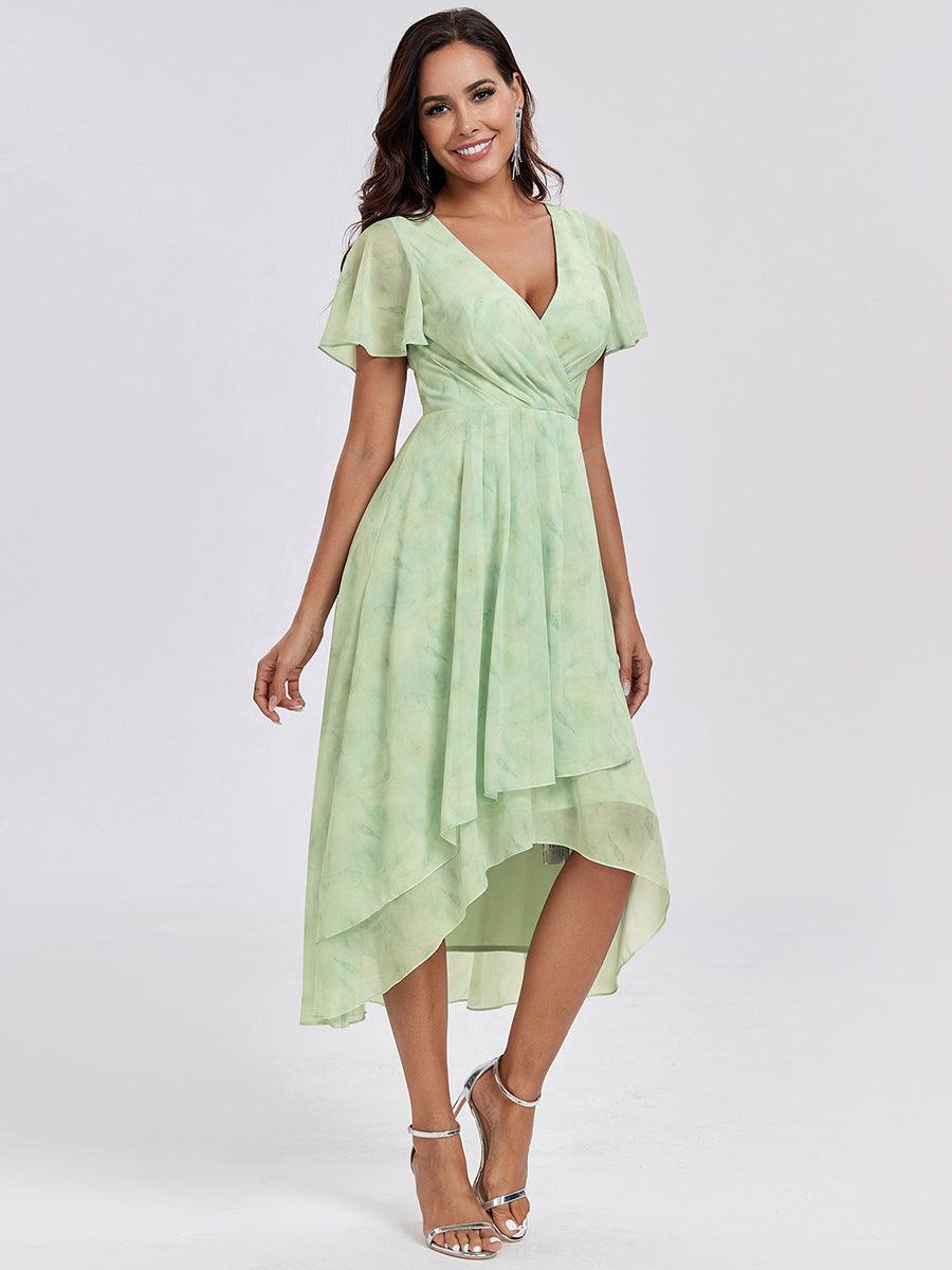 Robe D'invité De Mariage En Mousseline De Soie Mi-Longue Plissée à Manches à Volants Et Col En V #Couleur_Roses Vert Clair