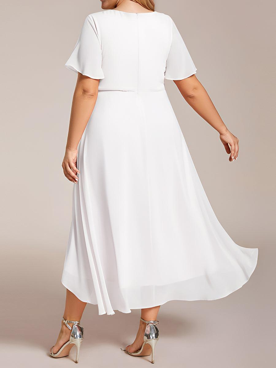 Robe D'invité De Mariage En Mousseline De Soie Mi-Longue Plissée à Manches à Volants Et Col En V #Couleur_Blanc