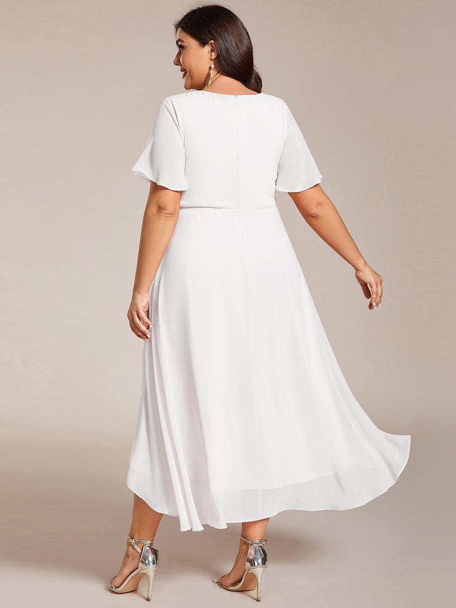 Grande Taille Robe D'invit???| De Mariage Mi-Longue Pliss???|e En Mousseline De Soie ???N Manches Courtes Et Col En V De #Couleur_Blanc
