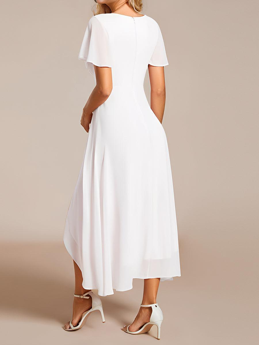 Robe D'invité De Mariage En Mousseline De Soie Mi-Longue Plissée à Manches à Volants Et Col En V #Couleur_Blanc