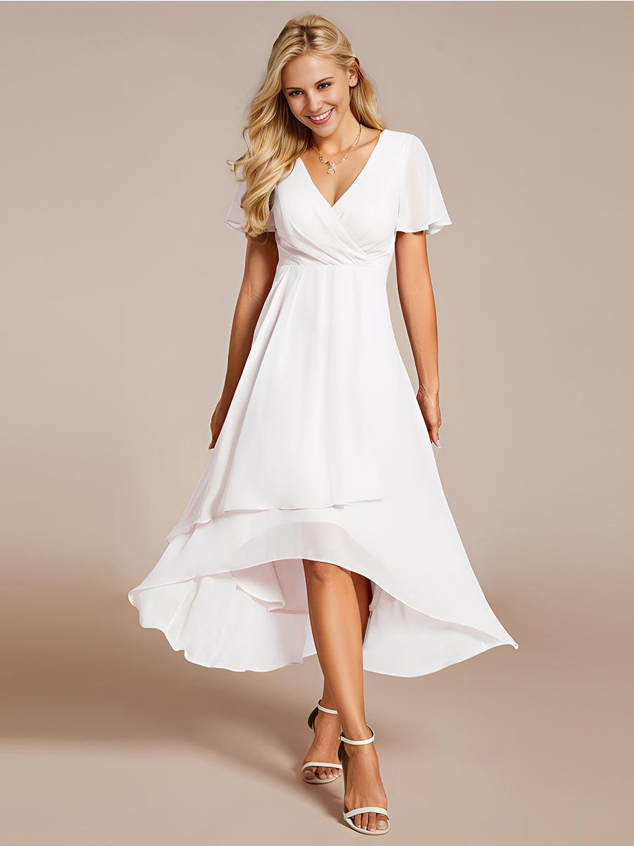 Robe D'invité De Mariage En Mousseline De Soie Mi-Longue Plissée à Manches à Volants Et Col En V #Couleur_Blanc