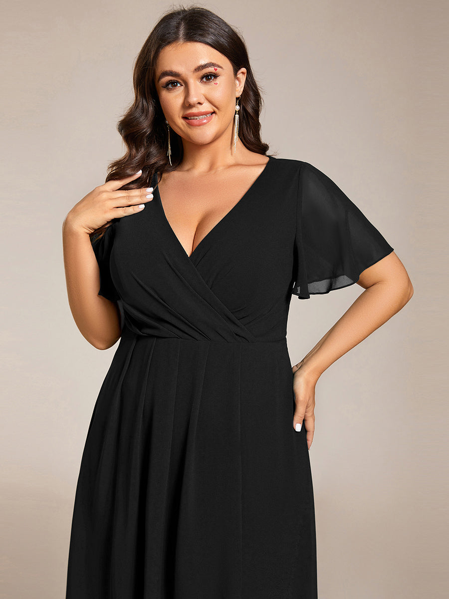 Robe D'invité De Mariage En Mousseline De Soie Mi-Longue Plissée à Manches à Volants Et Col En V #Couleur_Noir