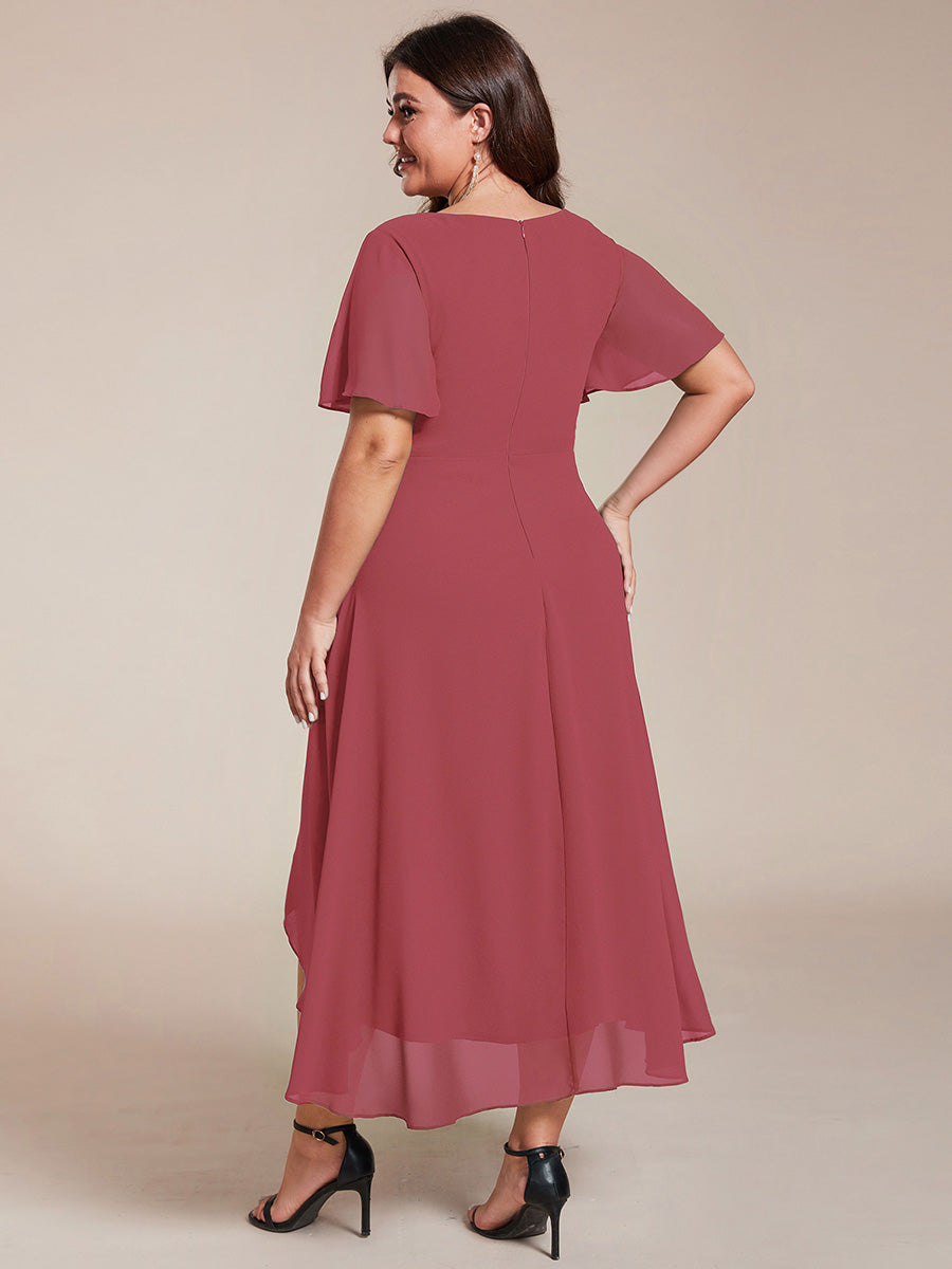 Robe D'invité De Mariage En Mousseline De Soie Mi-Longue Plissée à Manches à Volants Et Col En V #Couleur_Rose corail