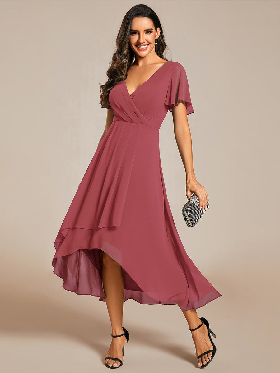 Robe D'invité De Mariage En Mousseline De Soie Mi-Longue Plissée à Manches à Volants Et Col En V #Couleur_Rose corail