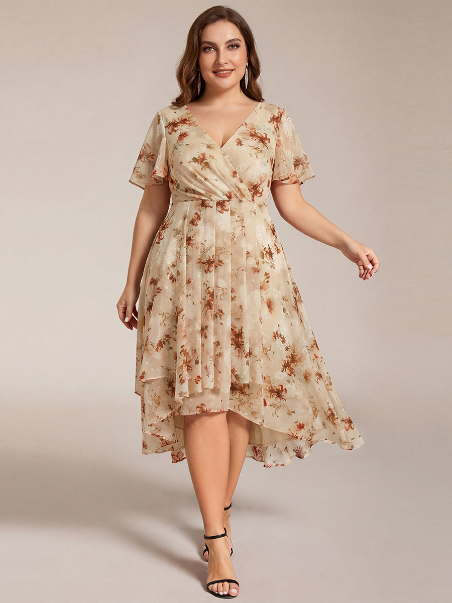 Robe D'invité De Mariage En Mousseline De Soie Mi-Longue Plissée à Manches à Volants Et Col En V #Couleur_Impression Champagne