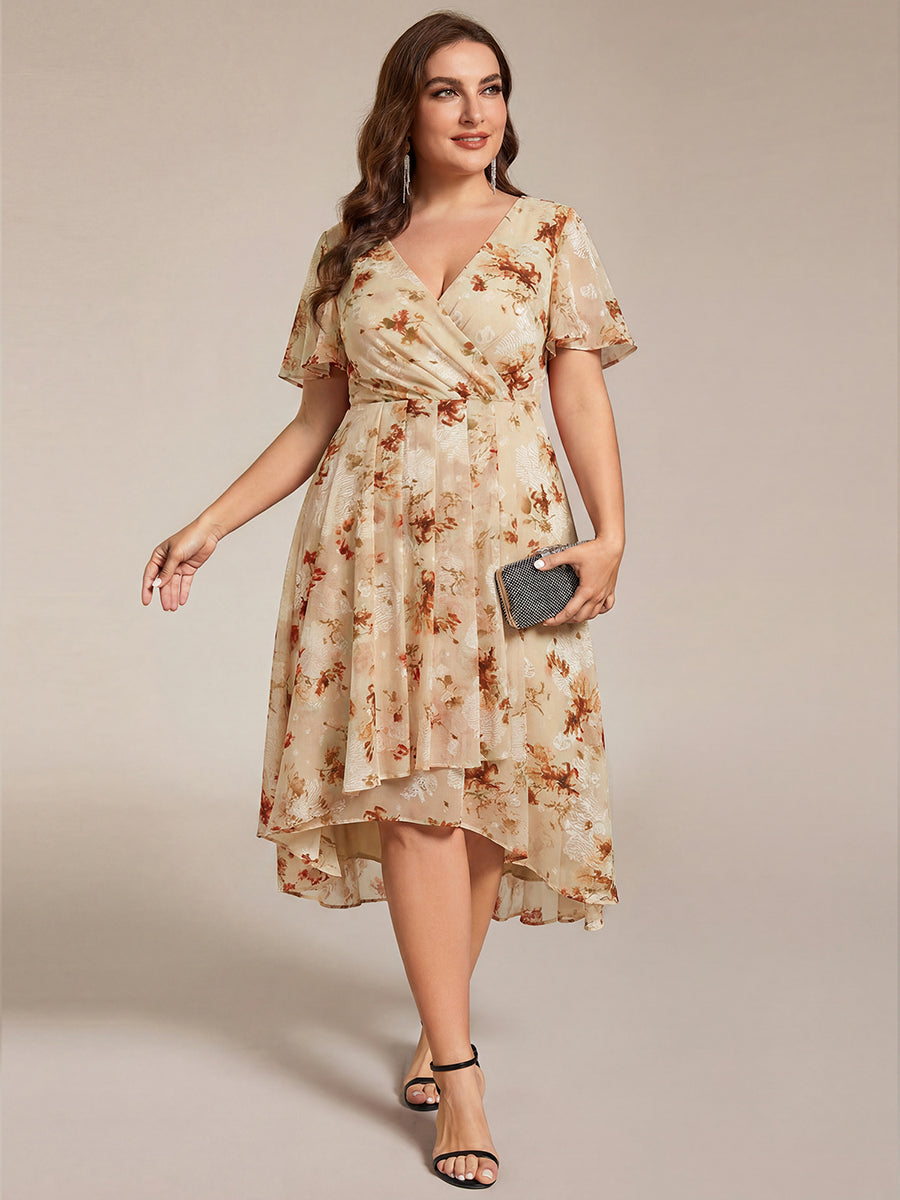 Robe D'invité De Mariage En Mousseline De Soie Mi-Longue Plissée à Manches à Volants Et Col En V #Couleur_Impression Champagne