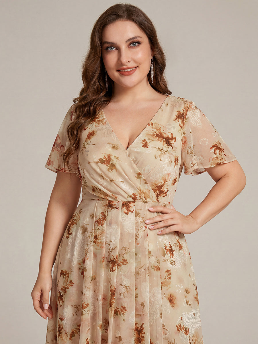 Robe D'invité De Mariage En Mousseline De Soie Mi-Longue Plissée à Manches à Volants Et Col En V #Couleur_Impression Champagne