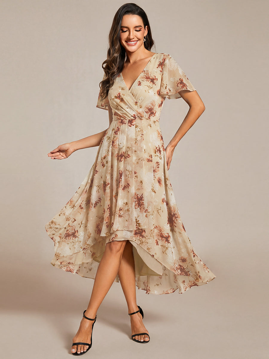Robe D'invité De Mariage En Mousseline De Soie Mi-Longue Plissée à Manches à Volants Et Col En V #Couleur_Impression Champagne