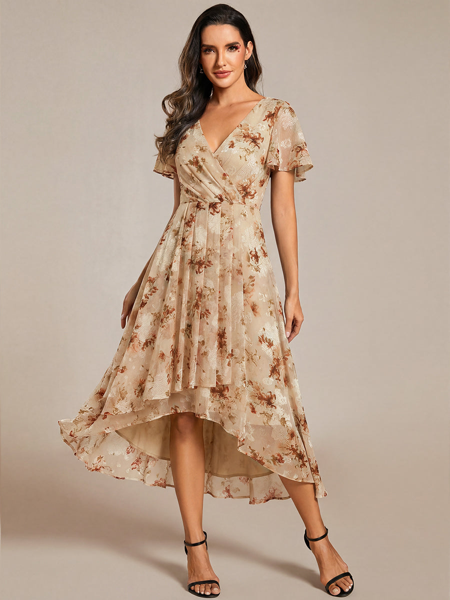 Robe D'invité De Mariage En Mousseline De Soie Mi-Longue Plissée à Manches à Volants Et Col En V #Couleur_Impression Champagne