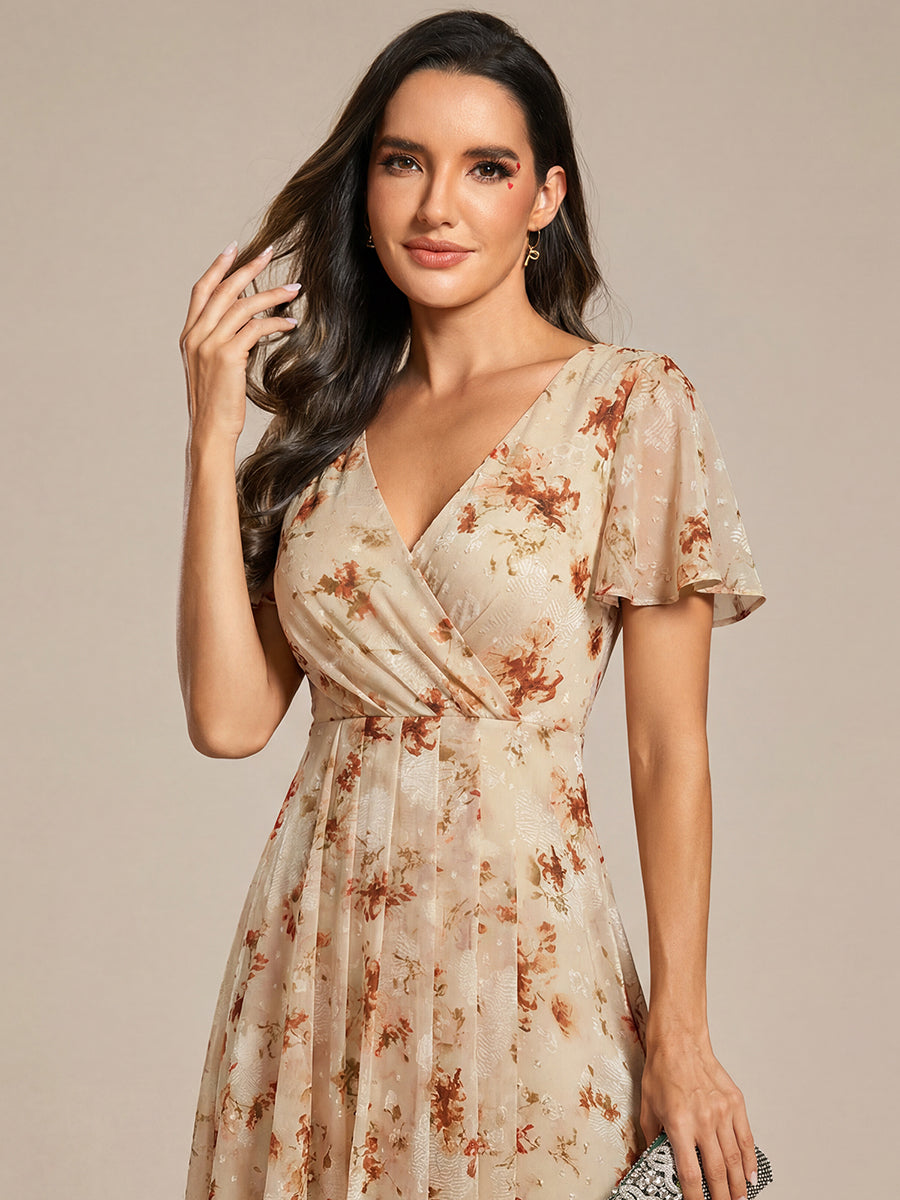 Robe D'invité De Mariage En Mousseline De Soie Mi-Longue Plissée à Manches à Volants Et Col En V #Couleur_Impression Champagne