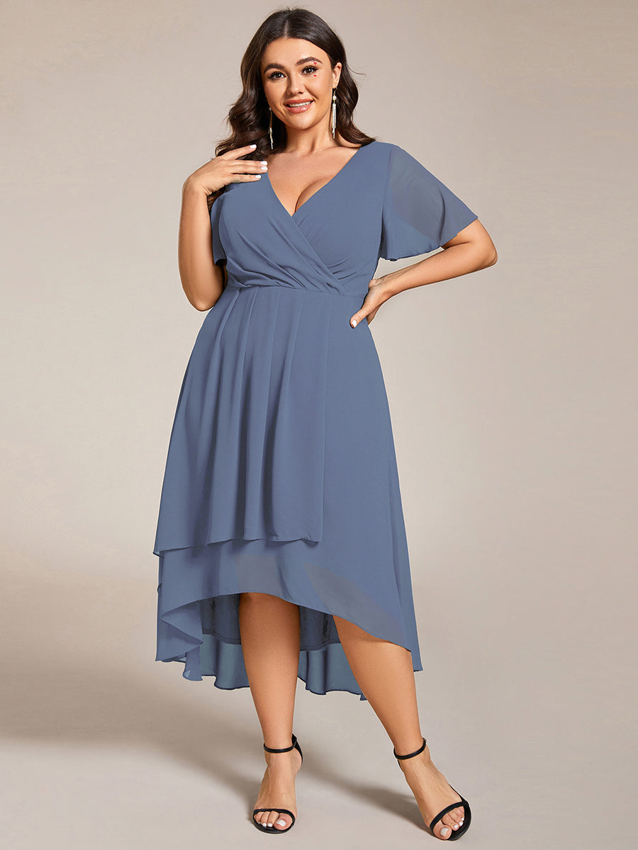 Robe D'invité De Mariage En Mousseline De Soie Mi-Longue Plissée à Manches à Volants Et Col En V #Couleur_Marine Fume