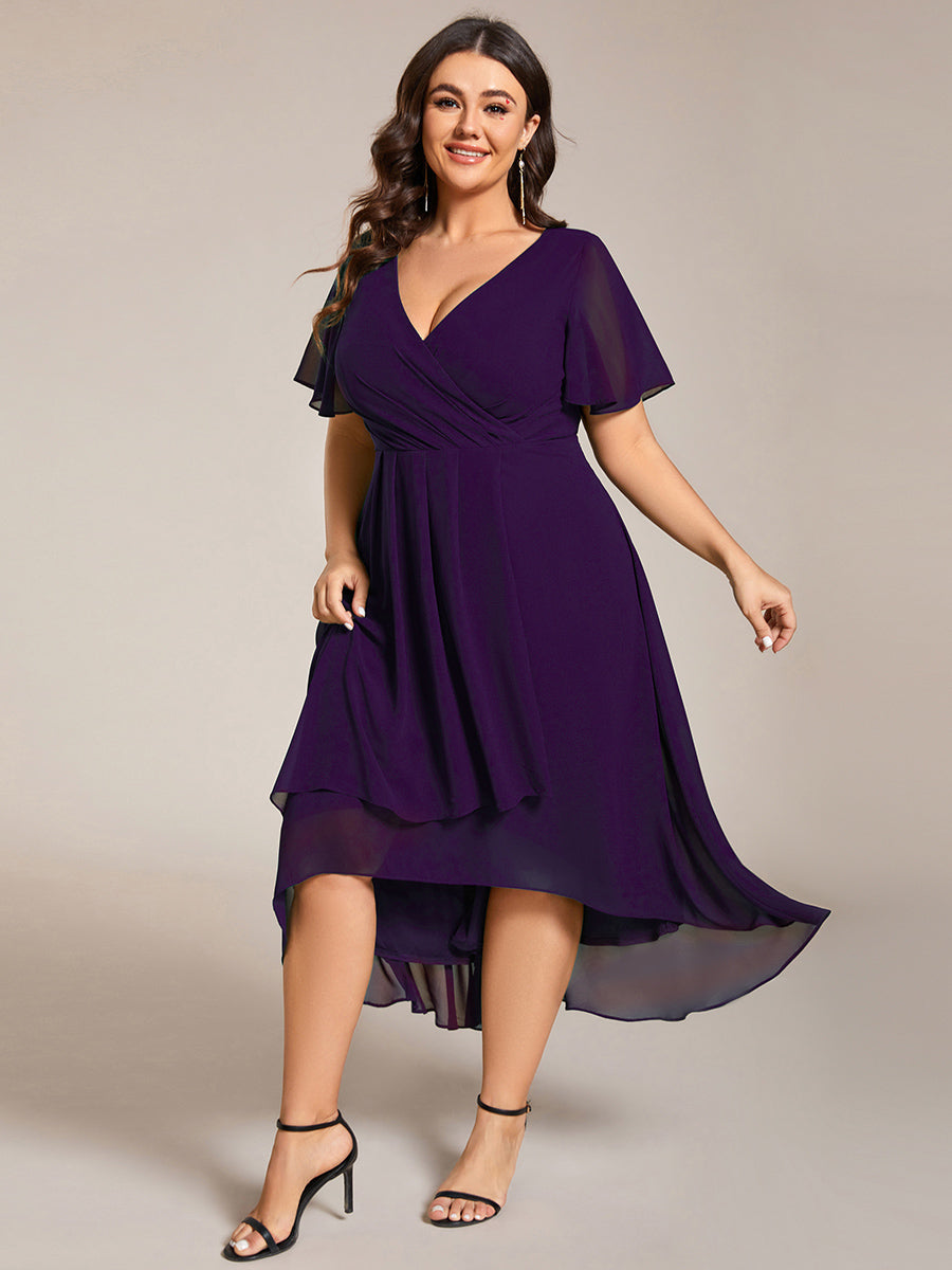 Robe D'invité De Mariage En Mousseline De Soie Mi-Longue Plissée à Manches à Volants Et Col En V #Couleur_Violet Fonce