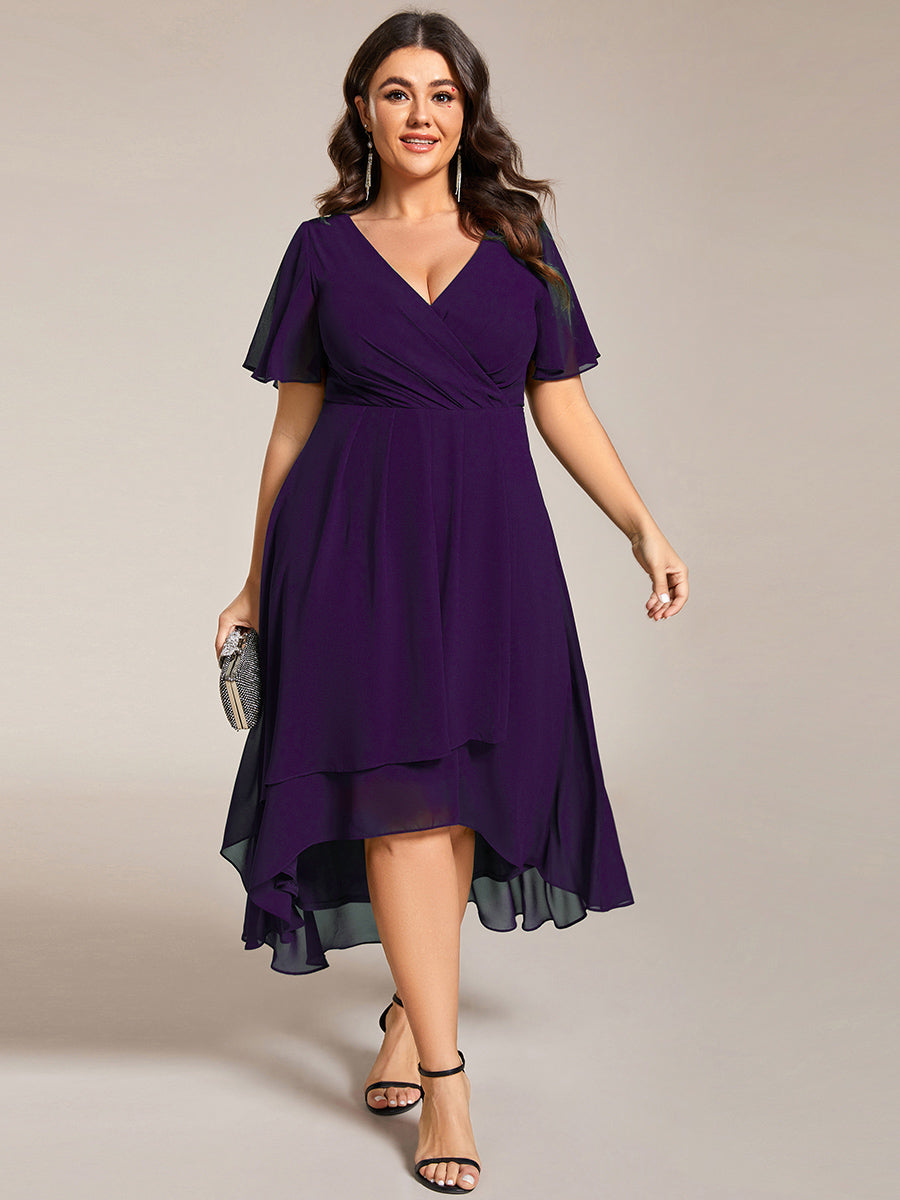Robe D'invité De Mariage En Mousseline De Soie Mi-Longue Plissée à Manches à Volants Et Col En V #Couleur_Violet Fonce