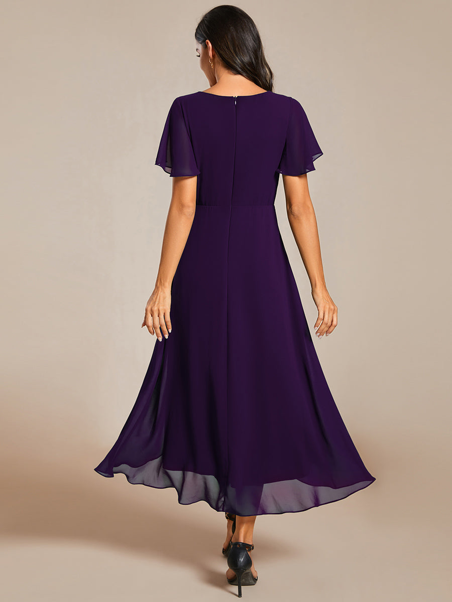 Robe D'invité De Mariage En Mousseline De Soie Mi-Longue Plissée à Manches à Volants Et Col En V #Couleur_Violet Fonce