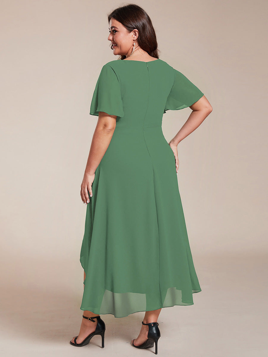 Robe D'invité De Mariage En Mousseline De Soie Mi-Longue Plissée à Manches à Volants Et Col En V #Couleur_Haricot Vert