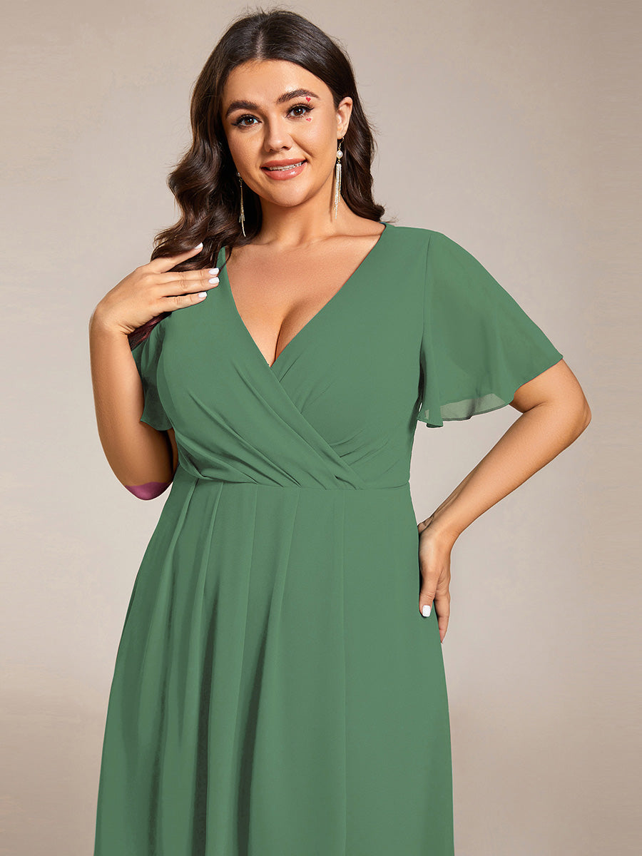Robe D'invité De Mariage En Mousseline De Soie Mi-Longue Plissée à Manches à Volants Et Col En V #Couleur_Haricot Vert