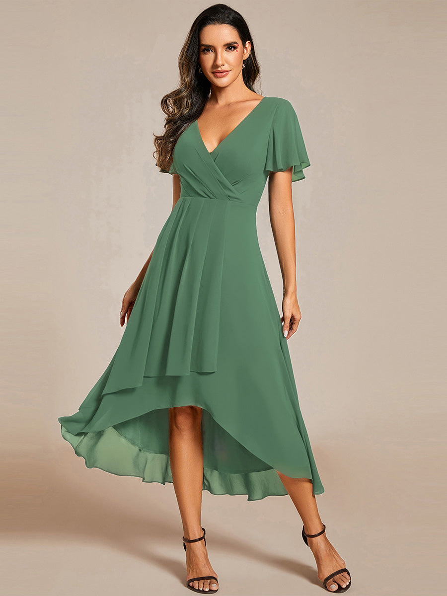 Robe D'invité De Mariage En Mousseline De Soie Mi-Longue Plissée à Manches à Volants Et Col En V #Couleur_Haricot Vert