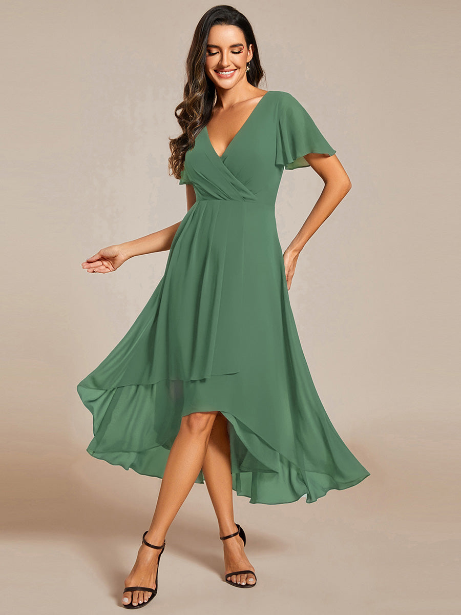 Robe D'invité De Mariage En Mousseline De Soie Mi-Longue Plissée à Manches à Volants Et Col En V #Couleur_Haricot Vert