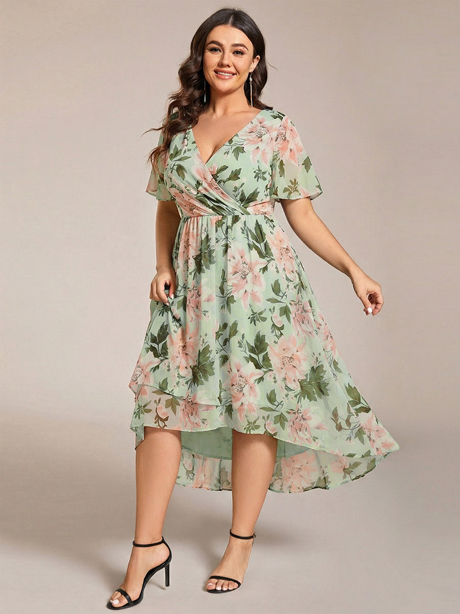 Robe D'invité De Mariage En Mousseline De Soie Mi-Longue Plissée à Manches à Volants Et Col En V #Couleur_Vert clair à fleurs