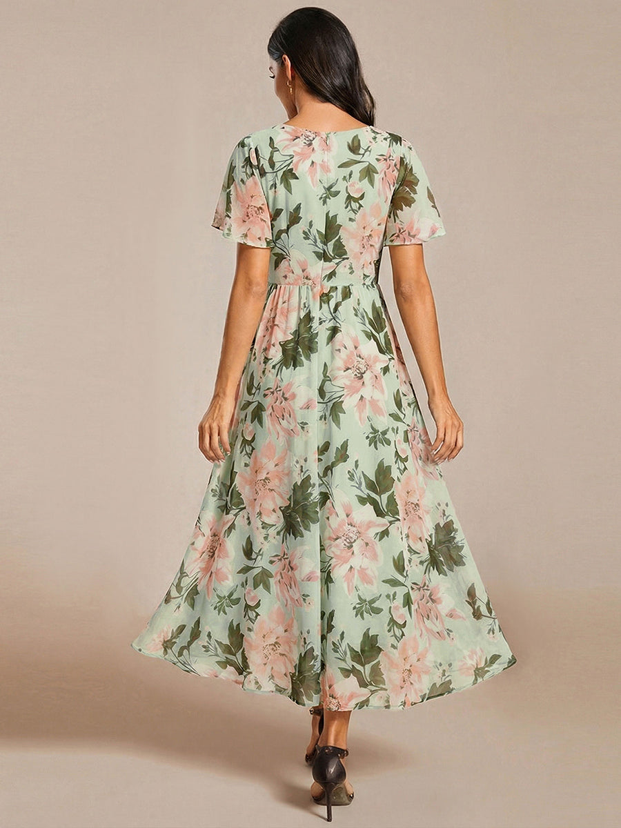 Robe D'invité De Mariage En Mousseline De Soie Mi-Longue Plissée à Manches à Volants Et Col En V #Couleur_Vert clair à fleurs
