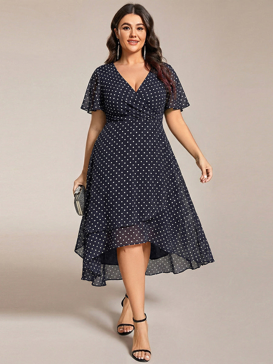 Robe D'invité De Mariage En Mousseline De Soie Mi-Longue Plissée à Manches à Volants Et Col En V #Couleur_Pois Noirs