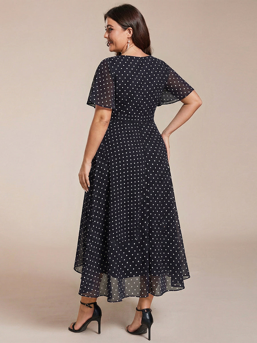 Robe D'invité De Mariage En Mousseline De Soie Mi-Longue Plissée à Manches à Volants Et Col En V #Couleur_Pois Noirs