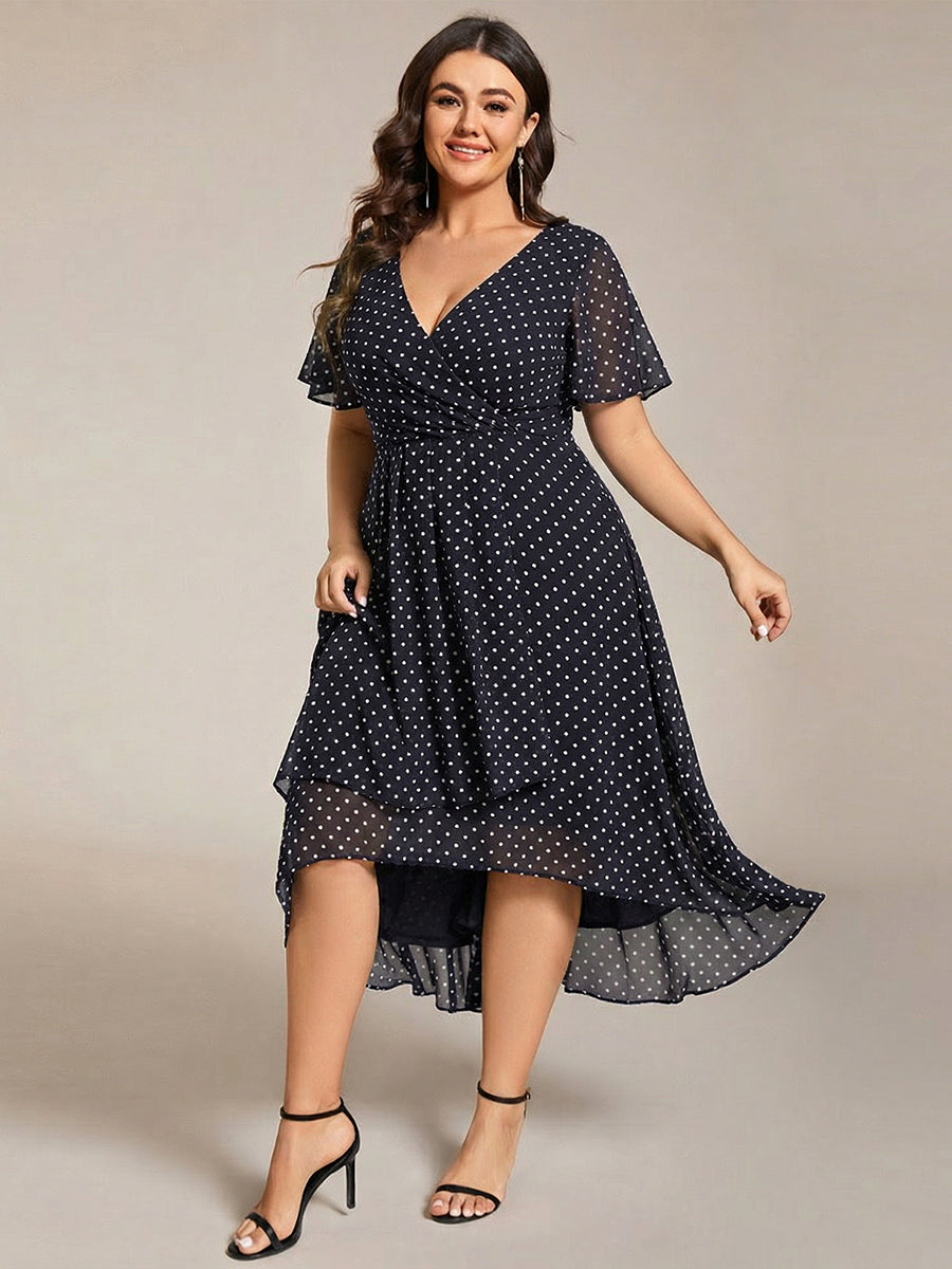 Robe D'invité De Mariage En Mousseline De Soie Mi-Longue Plissée à Manches à Volants Et Col En V #Couleur_Pois Noirs