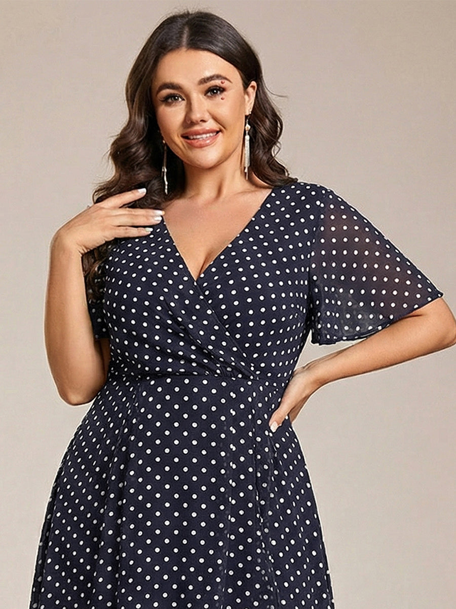 Robe D'invité De Mariage En Mousseline De Soie Mi-Longue Plissée à Manches à Volants Et Col En V #Couleur_Pois Noirs