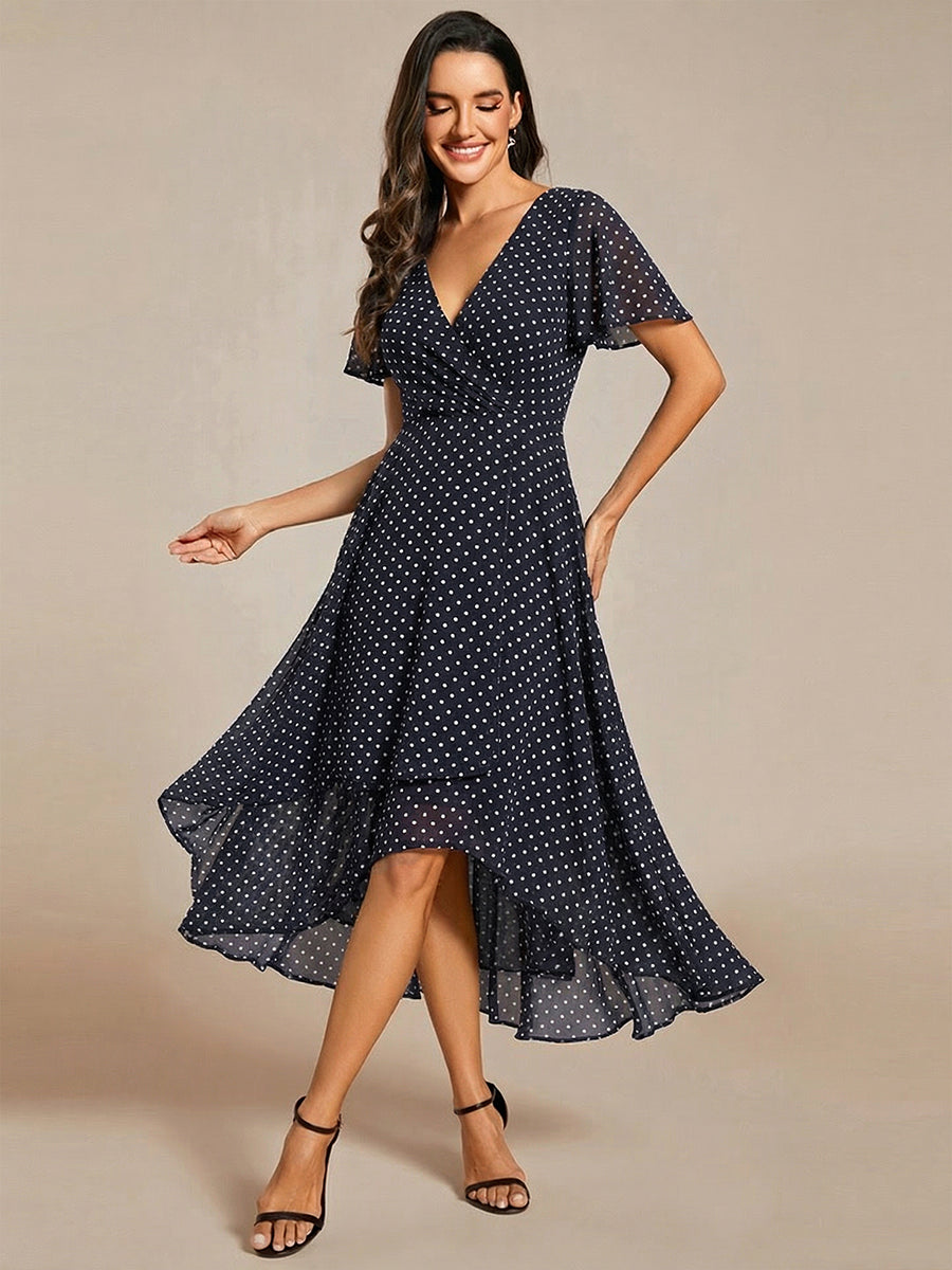 Robe D'invité De Mariage En Mousseline De Soie Mi-Longue Plissée à Manches à Volants Et Col En V #Couleur_Pois Noirs