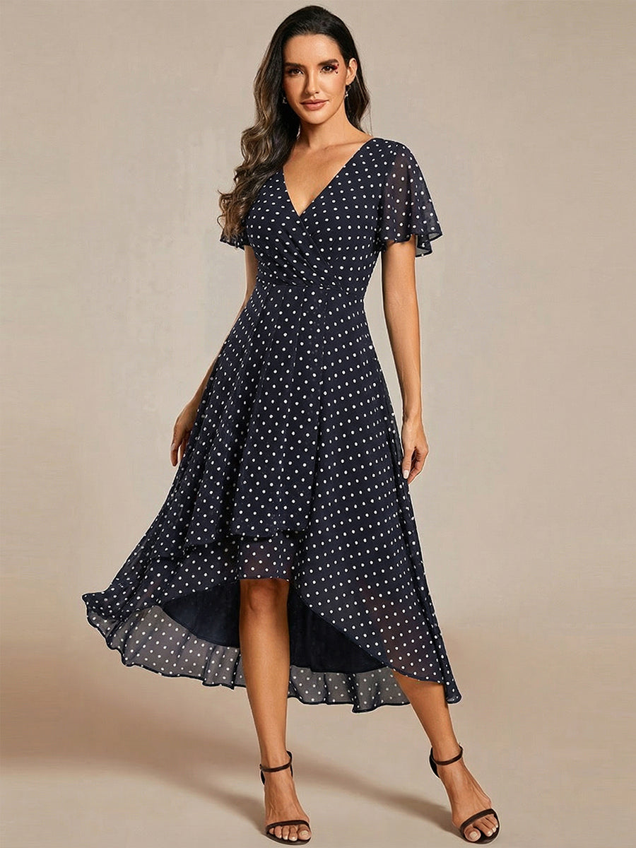 Robe D'invité De Mariage En Mousseline De Soie Mi-Longue Plissée à Manches à Volants Et Col En V #Couleur_Pois Noirs