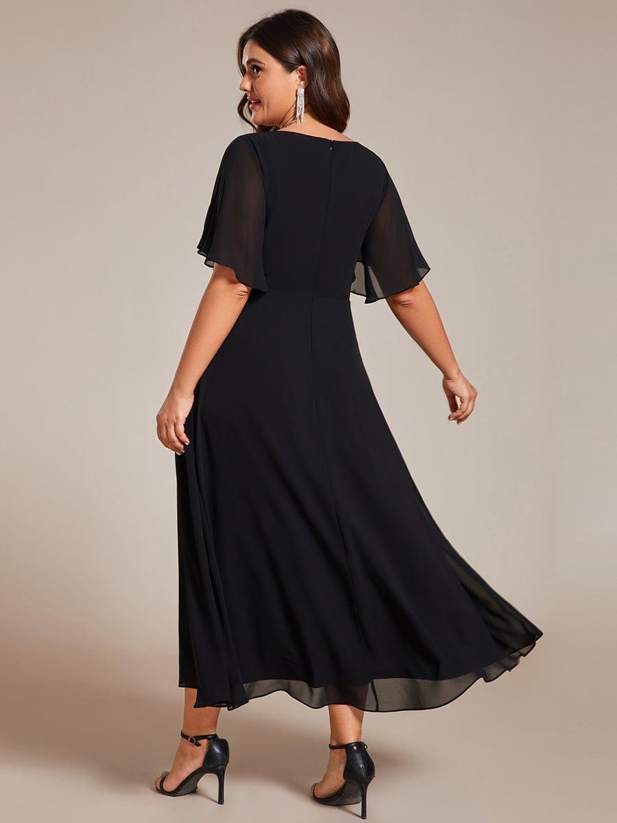 Robe d'invité de mariage mi-longue en mousseline de soie à col en V de grande taille avec applique à la taille #Couleur_Noir