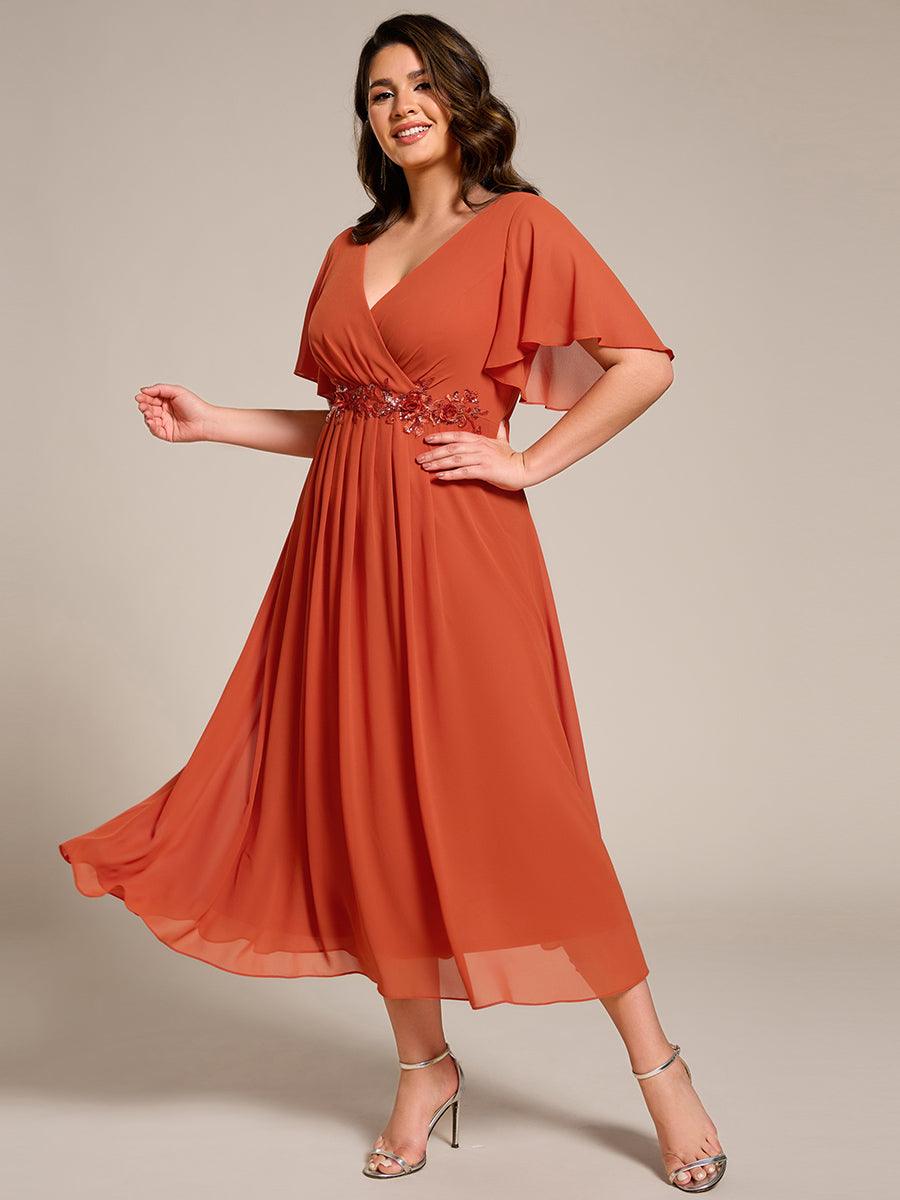 Robe d'invité de mariage mi-longue en mousseline de soie à col en V de grande taille avec applique à la taille #Couleur_Orange Brûlée