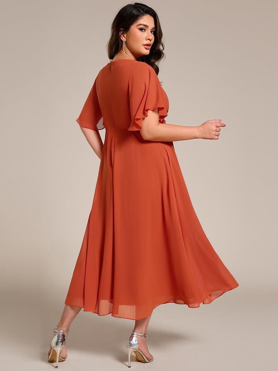 Robe d'invité de mariage mi-longue en mousseline de soie à col en V de grande taille avec applique à la taille #Couleur_Orange Brûlée