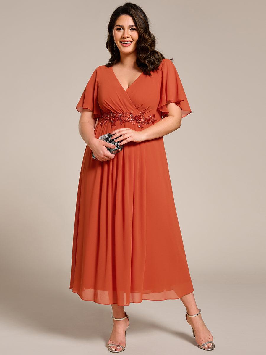 Robe d'invité de mariage mi-longue en mousseline de soie à col en V de grande taille avec applique à la taille #Couleur_Orange Brûlée